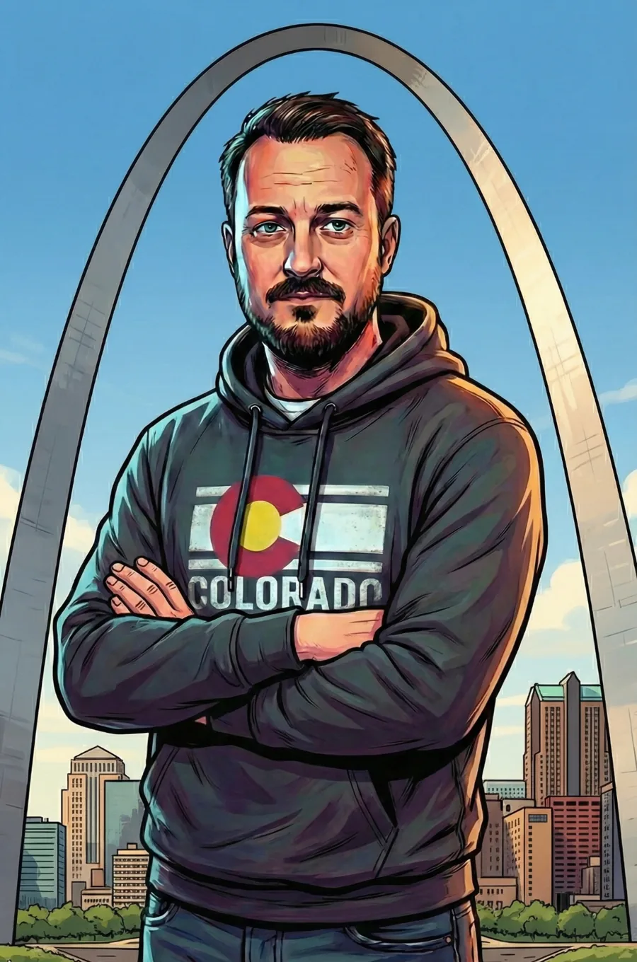 Illustration of Alex Lamy in front of the Gateway Arch